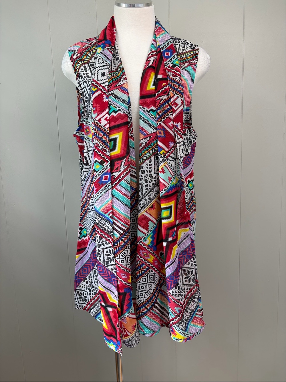Vintage Zury Rayon Southwestern Aztec Open Front Duster Vest OS